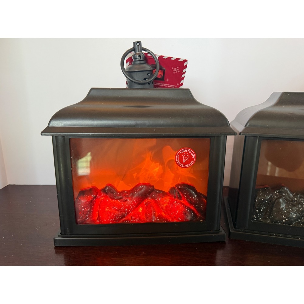 Greenbrier International LED Fireplace Lantern Set of 2 Black Flickering Flame